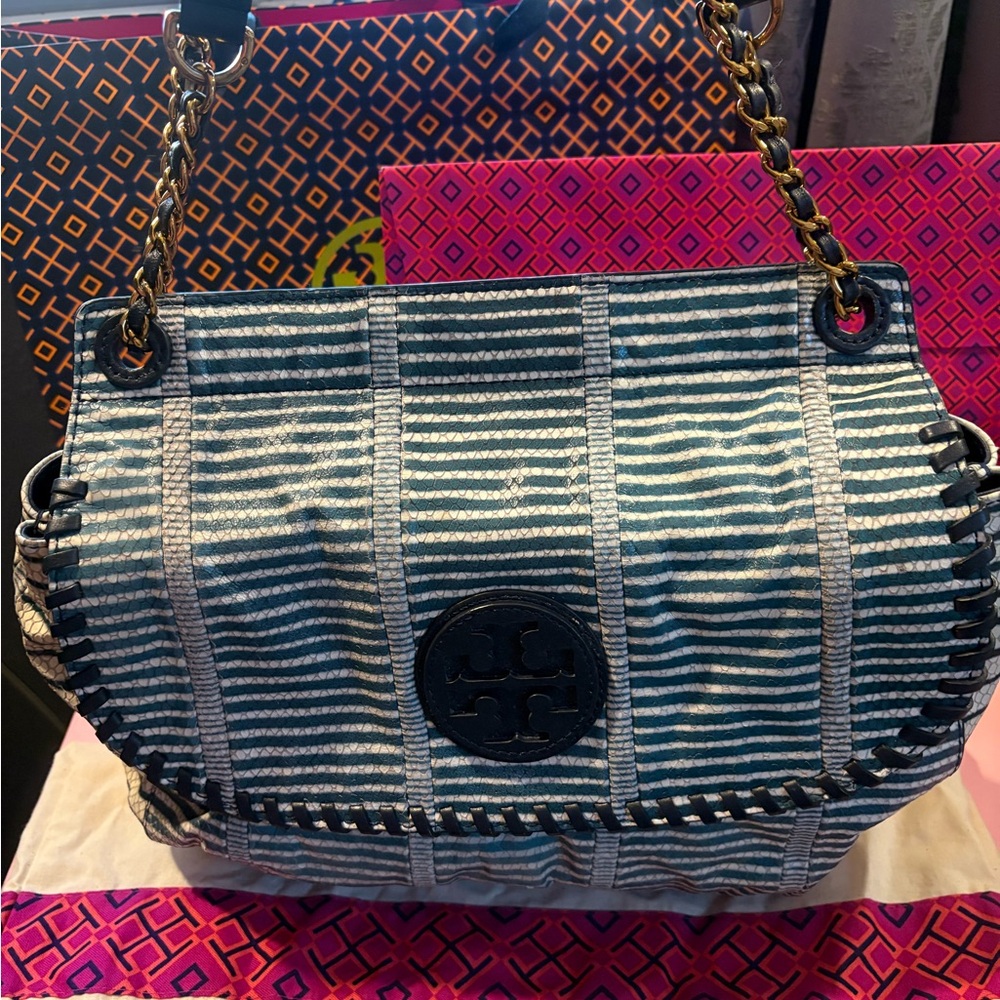 Tory Burch RARE Phython Navy and White Striped Satchel stunning chain strap bag